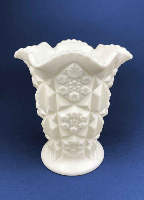 Vintage Westmoreland Milk Glass Vase. Old Quilt Design. Block and Star Pattern. Collectible Glass.