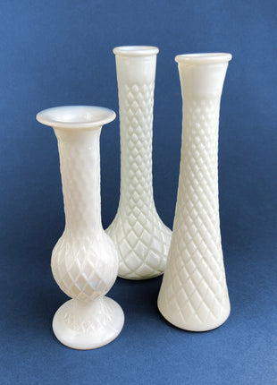 Milk Glass Vases. Collection of Three Differently Quilted & Shaped Flower Vases. Wedding Decor. Spring Celebration. White Fine Dining. Finie