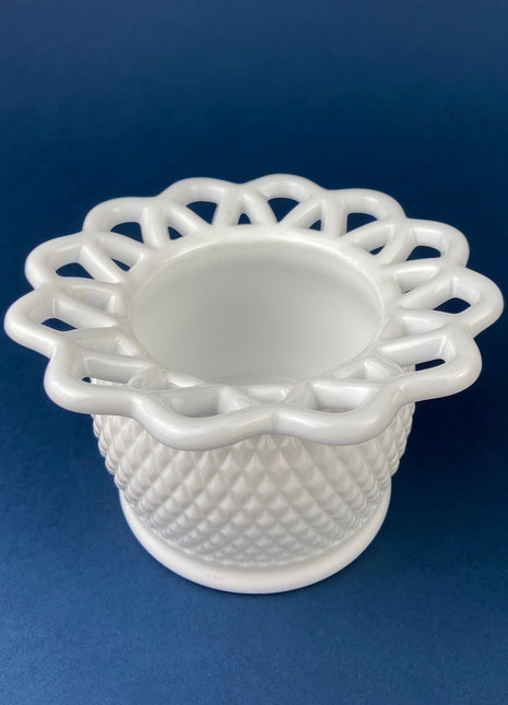 Westmoreland Vase with Reticulated Edge. Milk Glass with Waffle Texture and Ornate Rim. Flower Vase or Serving Dish. Easter Decor.