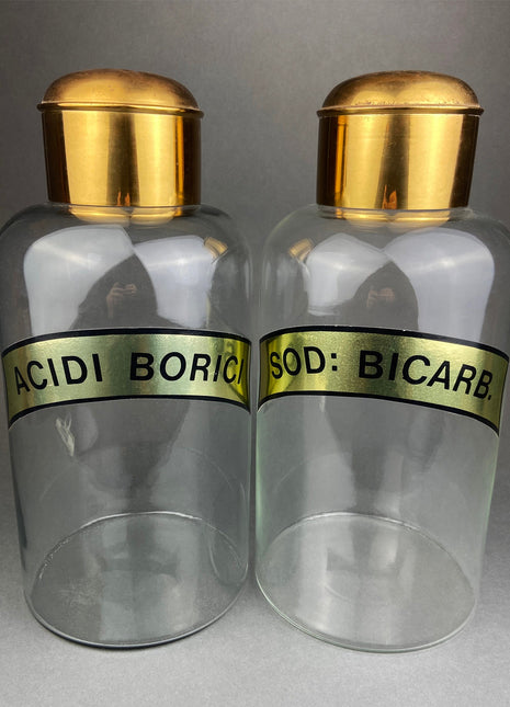 Vintage, Extra Large Apothecary Bottles. Italian, Boric Acid & Sodium Bicarbonate Jars with Brass Caps. Set of Two Apothecary Jars.