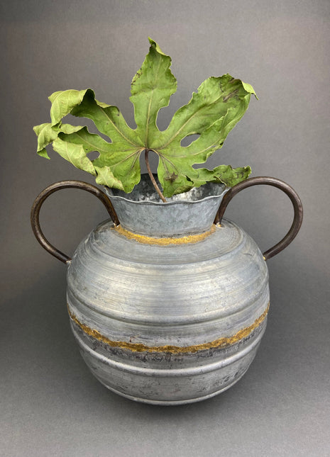 Extra Large Metal Vase with Bronze Handles/Ears. Gold Seaming. Rustic Container for Flowers, Dry Arrangements or Display. Rustic Home Decor.