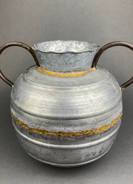 Extra Large Metal Vase with Bronze Handles/Ears. Gold Seaming. Rustic Container for Flowers, Dry Arrangements or Display. Rustic Home Decor.