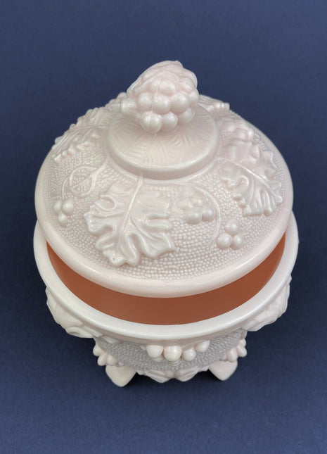 Pink Milk Glass Jar with Lid. Grape Vine Motif. Footed Trinket Dish with Lid. Collectible Pink Candy Dish. Gift for Mom. Gift for Her.