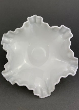 Milk Glass Footed Bowl. Candy Dish with Grape Motif & Ruffled Rim. White Table Centerpiece. Trinket Dish. Bathroom and Bedroom Decor.