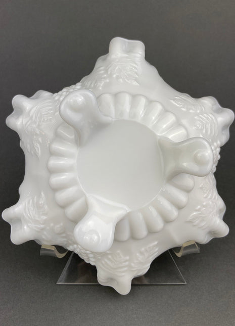 Milk Glass Footed Bowl. Candy Dish with Grape Motif & Ruffled Rim. White Table Centerpiece. Trinket Dish. Bathroom and Bedroom Decor.