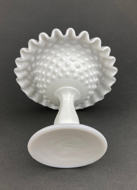 Fenton Milk Glass Candy Dish with Ruffled Edge.  Vintage, Hobnail Trinket Dish.  White Footed Bowl.