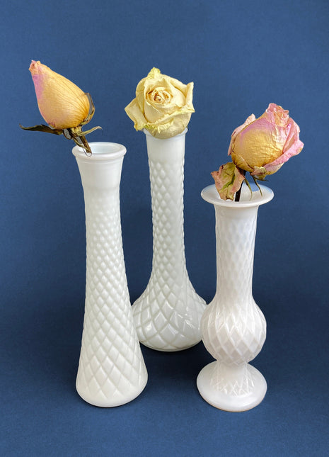 Milk Glass Vases. Collection of Three Differently Quilted & Shaped Flower Vases. Wedding Decor. Spring Celebration. White Fine Dining. Finie