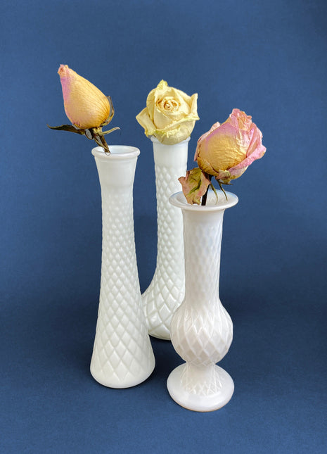 Milk Glass Vases. Collection of Three Differently Quilted & Shaped Flower Vases. Wedding Decor. Spring Celebration. White Fine Dining. Finie