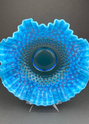 Vintage Fenton Blue Opal Glass Bowl. Large Hobnail Serving Bowl. Blue Ruffled Edge Bowl. Candy Dish or Collectible Display Bowl.