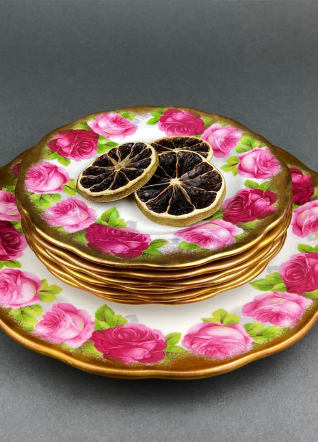 Royal Albert Set of Six Dessert Plates and One Serving Plate with Old English Rose Pattern. Made in England.