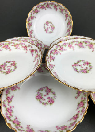 Limoges Elite Set of Five Bread / Salad / 8.75 inch Plates with Pink Roses and Scalloped Rim. Antique Limoges Dishes.