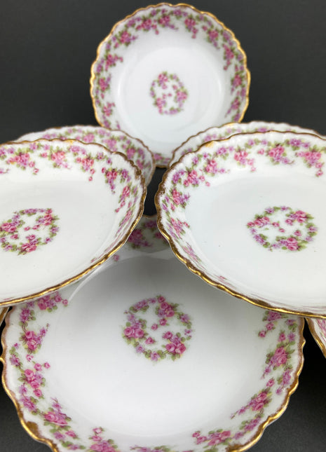 Limoges Elite Set of Five Bread / Salad / 8.75 inch Plates with Pink Roses and Scalloped Rim. Antique Limoges Dishes.