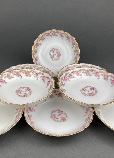 Limoges Elite Set of Five Bread / Salad / 8.75 inch Plates with Pink Roses and Scalloped Rim. Antique Limoges Dishes.