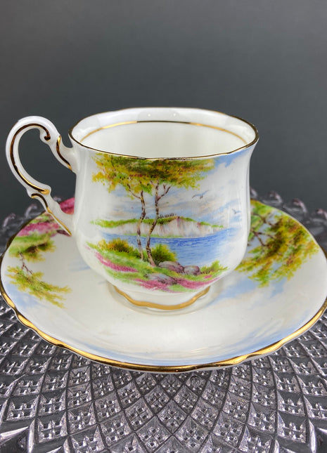 Vintage Tea Cup and Saucer by Paragon. Cliffs of Dover. Hand Painted Landscape. Made in England. Fine Bone China.