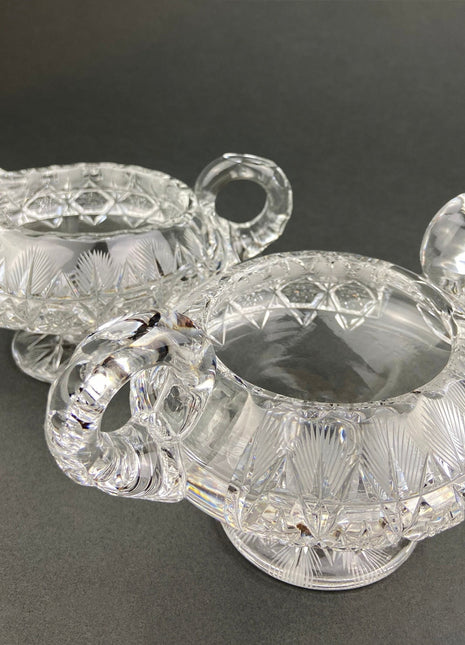 Cut Crystal Creamer and Sugar Bowls. Set of Two Footed Serving Bowls. Feather Cut Pattern. Most Likely Waterford. Table Centerpieces.