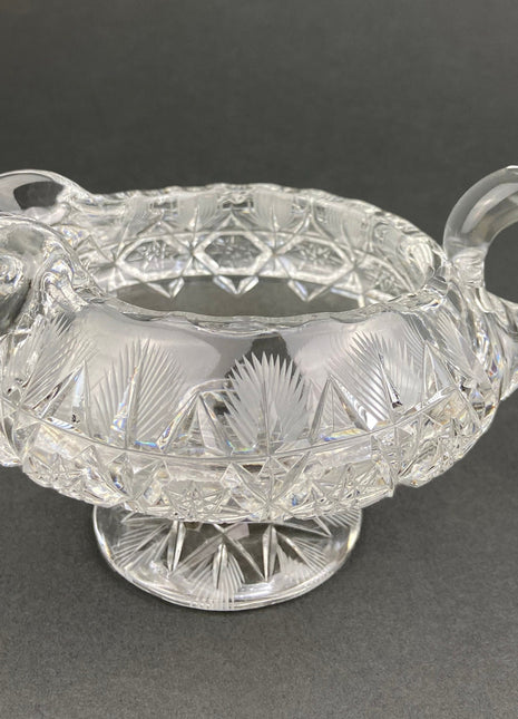 Cut Crystal Creamer and Sugar Bowls. Set of Two Footed Serving Bowls. Feather Cut Pattern. Most Likely Waterford. Table Centerpieces.