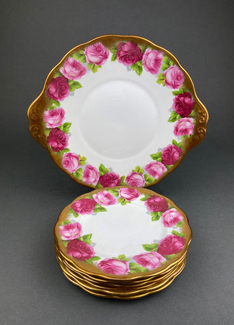 Royal Albert Set of Six Dessert Plates and One Serving Plate with Old English Rose Pattern. Made in England.