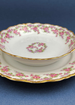 Limoges Elite Set of Five Bread / Salad / 8.75 inch Plates with Pink Roses and Scalloped Rim.  Antique Limoges Dishes.