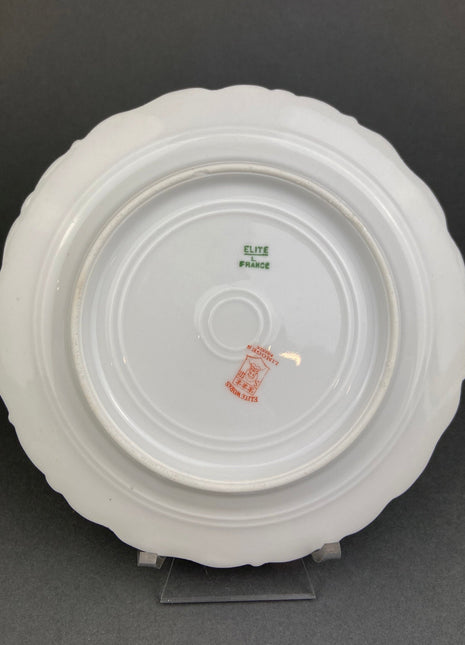 Limoges Elite Set of Five Bread / Salad / 8.75 inch Plates with Pink Roses and Scalloped Rim.  Antique Limoges Dishes.