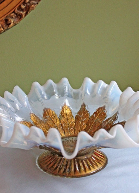 Opalescent Crystal Bowl with Hand Painted Leaf Rays Pattern by Dugan