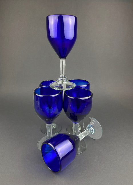 Cobalt Blue Hand Blown Stemware.  Set of Six Heavy Spanish/Mexican Style Stemed Glasses. Primitive Drinkware. Stylish Barware.