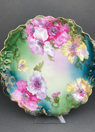 Decorative or Serving Plate by O.&F.G. Royal Austria. Hand Painted Tea Roses on Fine Bone China. Display Plate or Serving Platter.