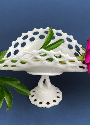 Vintage Milk Glass Pedestal Banana Bowl/Boat. Reticulated Edge White Serving Dish. Table Centerpiece.