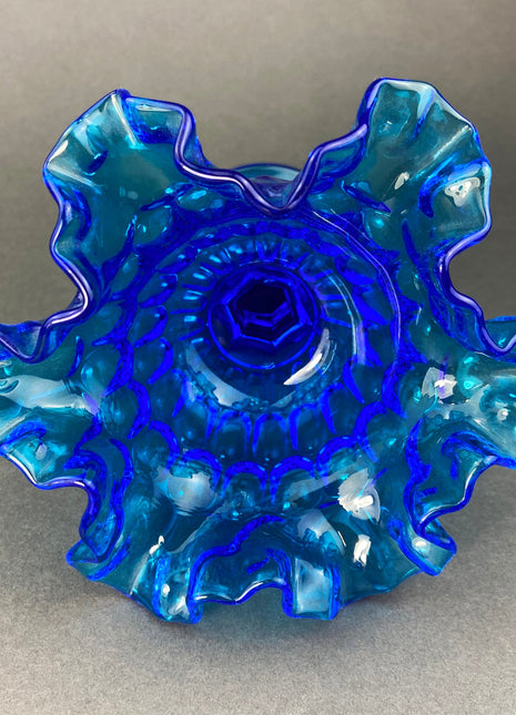 Vintage Blue Glass Footed Serving Bowl. Blue Thumb Print Glass Jar with Ruffled Edge. Collectible Blue Glass Dish.