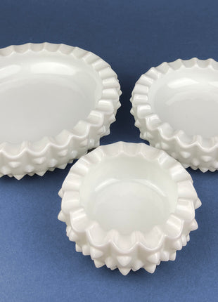 Vintage Fenton Milk Glass Nesting Ashtrays. Hobnail Ashtrays or Bowls with Scalloped Edge. Set of Three. Gift for Him.