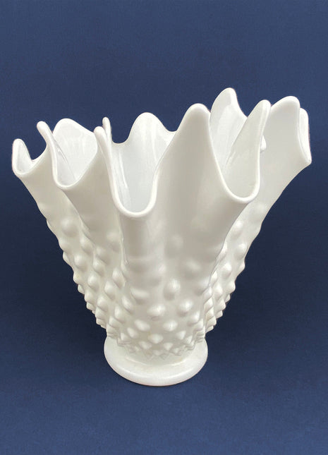 Vintage Milk Glass Splash Vase. Hobnail Vase with Pinched Edge for Growing Ivy. Wedding or Home Decor.