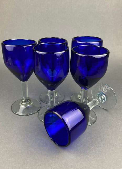 Cobalt Blue Hand Blown Stemware.  Set of Six Heavy Spanish/Mexican Style Stemed Glasses. Primitive Drinkware. Stylish Barware.