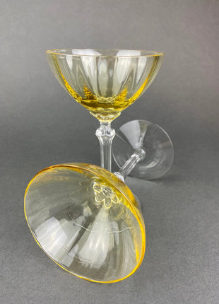 Vintage Fostoria Crystal Topaz Tall Claret. Light Yellow Stemware. Set of Two Gold Footed Glassware. Fine Dining.