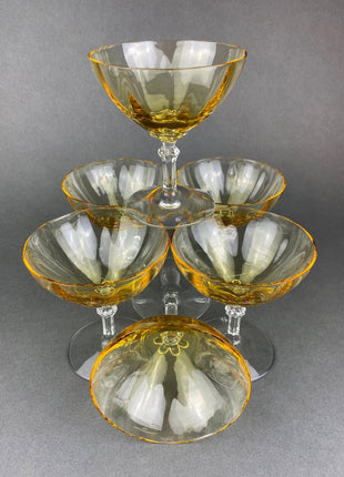 Vintage Fostoria Crystal Topaz Champagne Glasses. Light Yellow Depression Glass Low Sherbet Stemware. Gold Footed Glasses. Set of Six.
