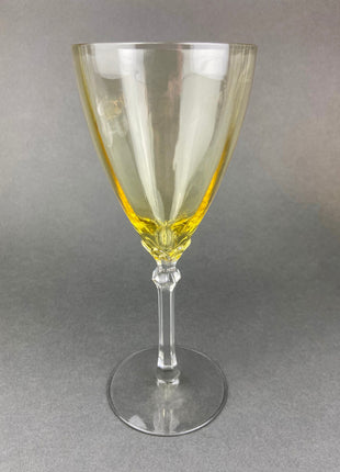 Vintage Fostoria Crystal Topaz Tall Claret. Light Yellow Stemware. Set of Two Gold Footed Glassware. Fine Dining.