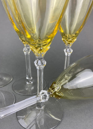 Vintage Fostoria Crystal Topaz Tall Claret. Light Yellow Stemware. Set of Two Gold Footed Glassware. Fine Dining.