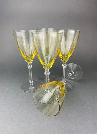 Vintage Fostoria Crystal Topaz Champagne Glasses. Light Yellow Depression Glass Low Sherbet Stemware. Gold Footed Glasses. Set of Five.