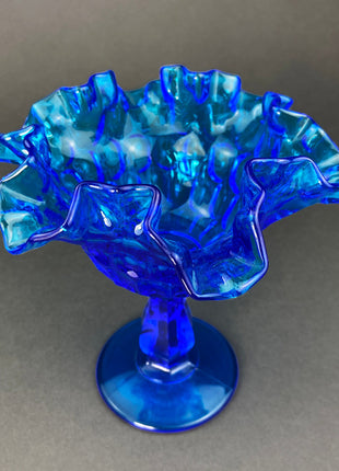 Vintage Blue Glass Footed Serving Bowl. 1960's Kings Crown Thumb Print Glass Jar with Ruffled Edge. Collectible Blue Glass Dish.