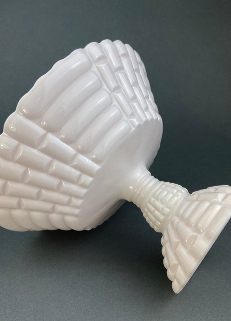 Shell Pink Milk Glass Footed Fruit Bowl. Modern Quilt Pattern on the Outside and Floral Design on the Inside. Collectible Serving Dish.