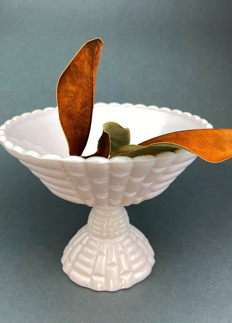 Shell Pink Milk Glass Footed Fruit Bowl. Modern Quilt Pattern on the Outside and Floral Design on the Inside. Collectible Serving Dish.