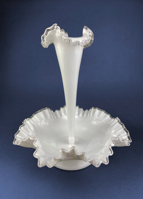 Extra Large Silvercrest Epergne. White Flower Vase & Fruit Bowl Combined. Table Centerpiece with Ruffled Rim. One Horn Epergne.