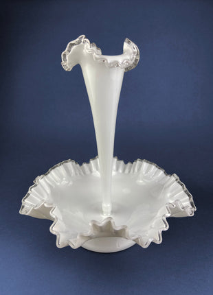 Milk Glass Three Horn Epergne. Fenton, Hobnail Vase & Bowl Combined. Table Centerpiece with Ruffled Rim. White Table Setting. Wedding Decor.