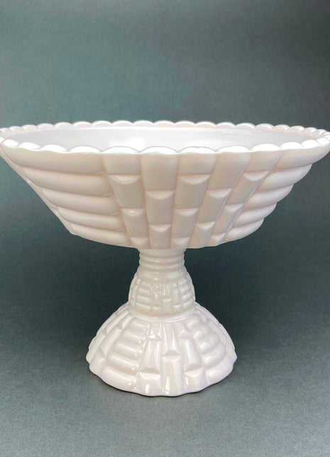Shell Pink Milk Glass Footed Fruit Bowl. Modern Quilt Pattern on the Outside and Floral Design on the Inside. Collectible Serving Dish.