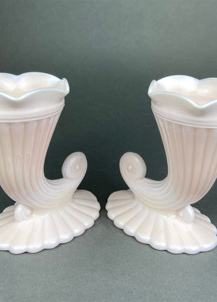 Shell Pink Milk Glass Horn Shaped Vases. Matching Cornucopia Shaped Vases. Table Centerpieces. Collectible Floral Vases. Fine Dining.