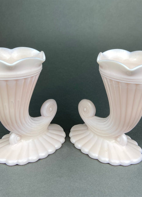 Shell Pink Milk Glass Horn Shaped Vases. Matching Cornucopia Shaped Vases. Table Centerpieces. Collectible Floral Vases. Fine Dining.