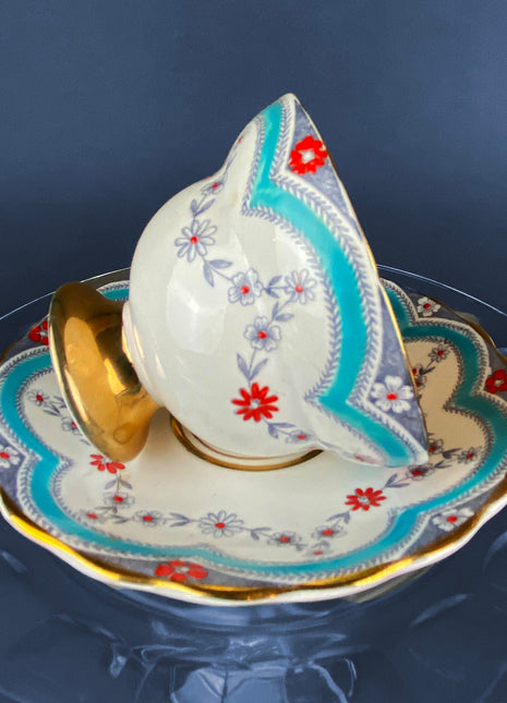 Vintage Tea Cup with Saucer. Royal Dover Fine Bone China. Floral Wreath Motif. Made in England.