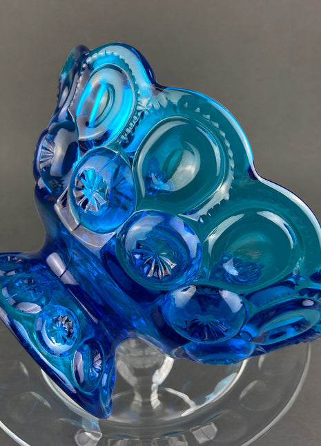 Vintage Blue Glass Footed Serving Bowl. 1960's Kings Crown Thumb Print Glass Jar with Ruffled Edge. Collectible Blue Glass Dish.