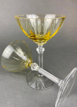 Vintage Fostoria Crystal Topaz Tall Claret. Light Yellow Stemware. Set of Two Gold Footed Glassware. Fine Dining.