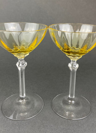 Vintage Fostoria Crystal Topaz Tall Claret. Light Yellow Stemware. Set of Two Gold Footed Glassware. Fine Dining.