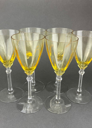 Vintage Fostoria Crystal Topaz Tall Claret. Light Yellow Stemware. Set of Two Gold Footed Glassware. Fine Dining.