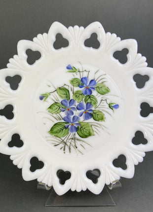 Westmoreland Milk Glass Decorative Plates with Hand Painted Violets, Cherry Blossom, and Fruit. Set of Four Plates with Reticulated Rim.